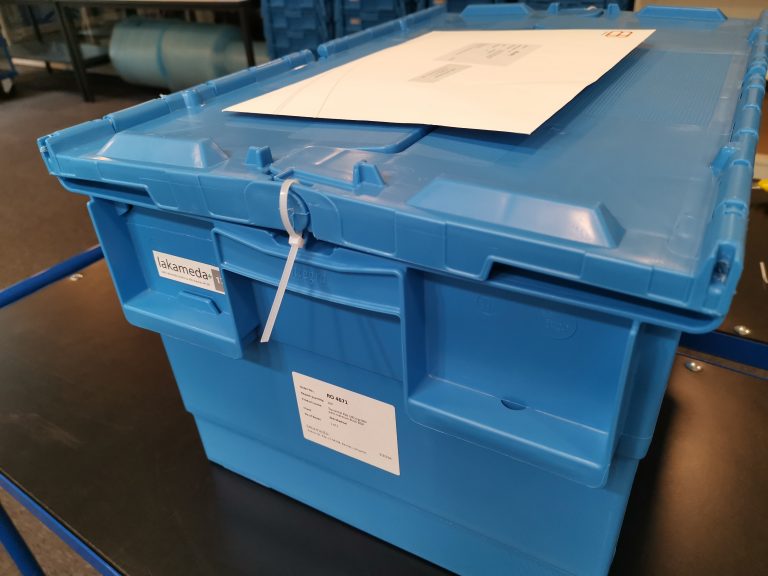 Blue boxes for packing material kitting | Lakameda